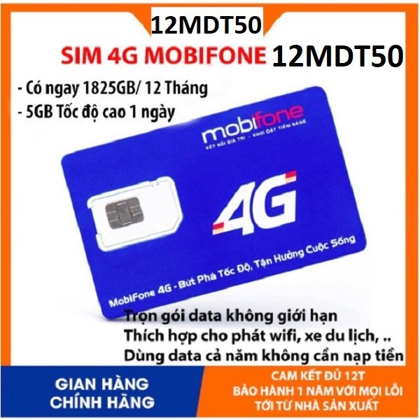 [ Free 1 năm không nạp] Sim 4G Mobifone 12MDT50 Tặng 150GB/ Tháng Tốc Độ Cao - Sim Sóng Khỏe Như Viettel