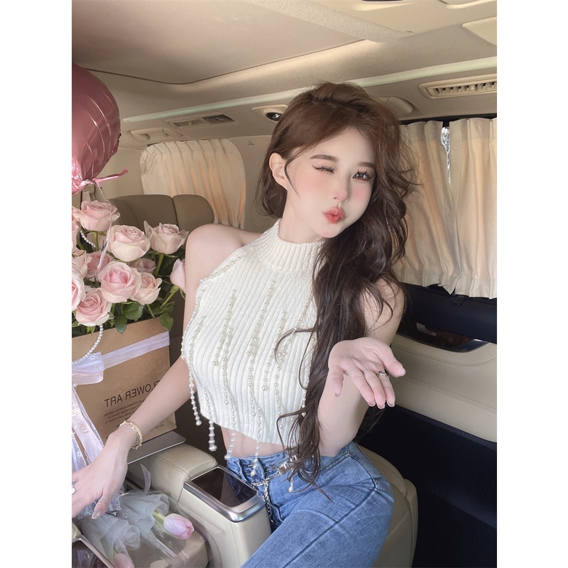 QADCOL Áo Dệt Kim Sát Nách Phối Dây Xích Đính Hạt Ngọc Trai Thời Trang Xuân Hè Cho Nữ