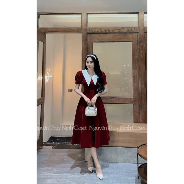 Đầm thời trang nữ mặc đi chơi chất nhung cứng cổ bèo nhọn trắng tay ngắn váy dài qua gối đen và đỏ