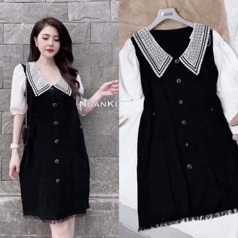 Đầm công sở, váy bầu cổ ren dáng rộng tay bồng chất đũi trơn màu đen