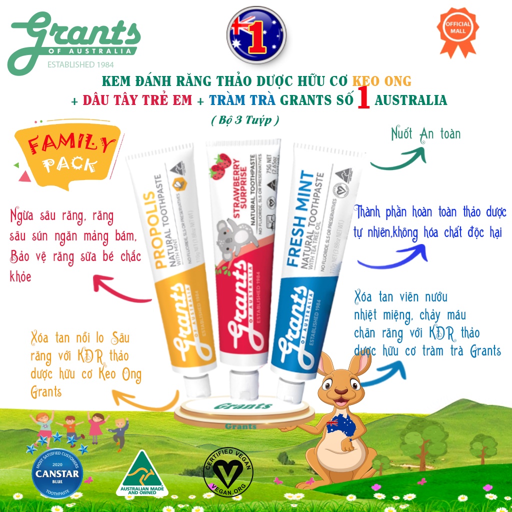 Kem đánh răng thảo dược hữu cơ Grants of Australia - Bộ 3 tuýp-Keo ong Grants + Tràm Trà Grants + Dâu Tây trẻ em Grants