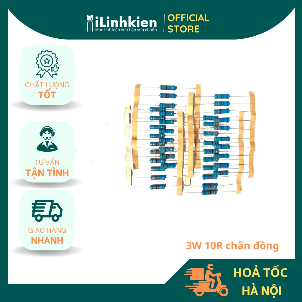 Điện trở 3W 10R chân đồng 1% túi 10 con chất lượng cao
