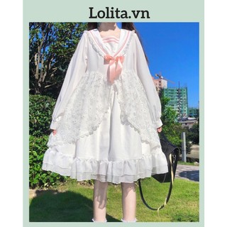 Đầm lolita babydoll phối ren nơ hồng xinh xắn