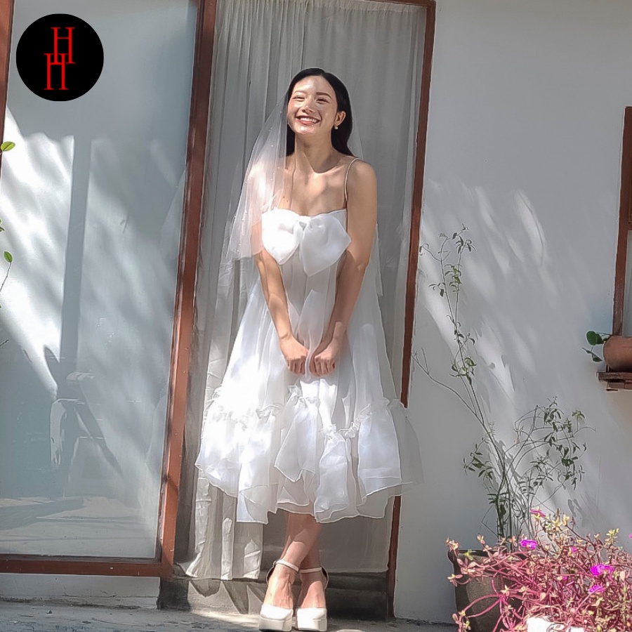 Váy HDT232 babydoll trắng hai dây nơ ngực siêu đáng yêu Hỉn Hỉn Store