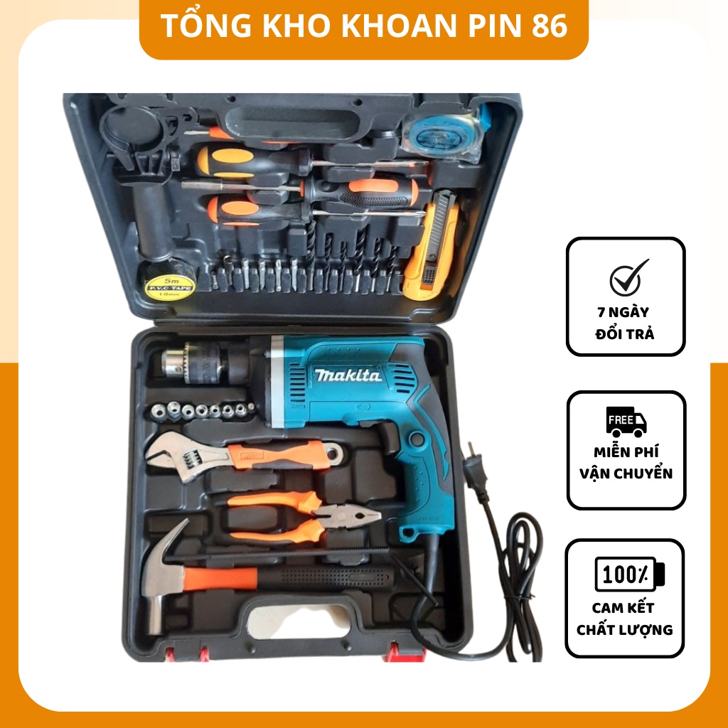 Bộ máy khoan điện Makita, máy khoan tường sắt gỗ 13 ly RE full đồ nghề gia đình,tặng kèm phụ kiện 45 chi tiết