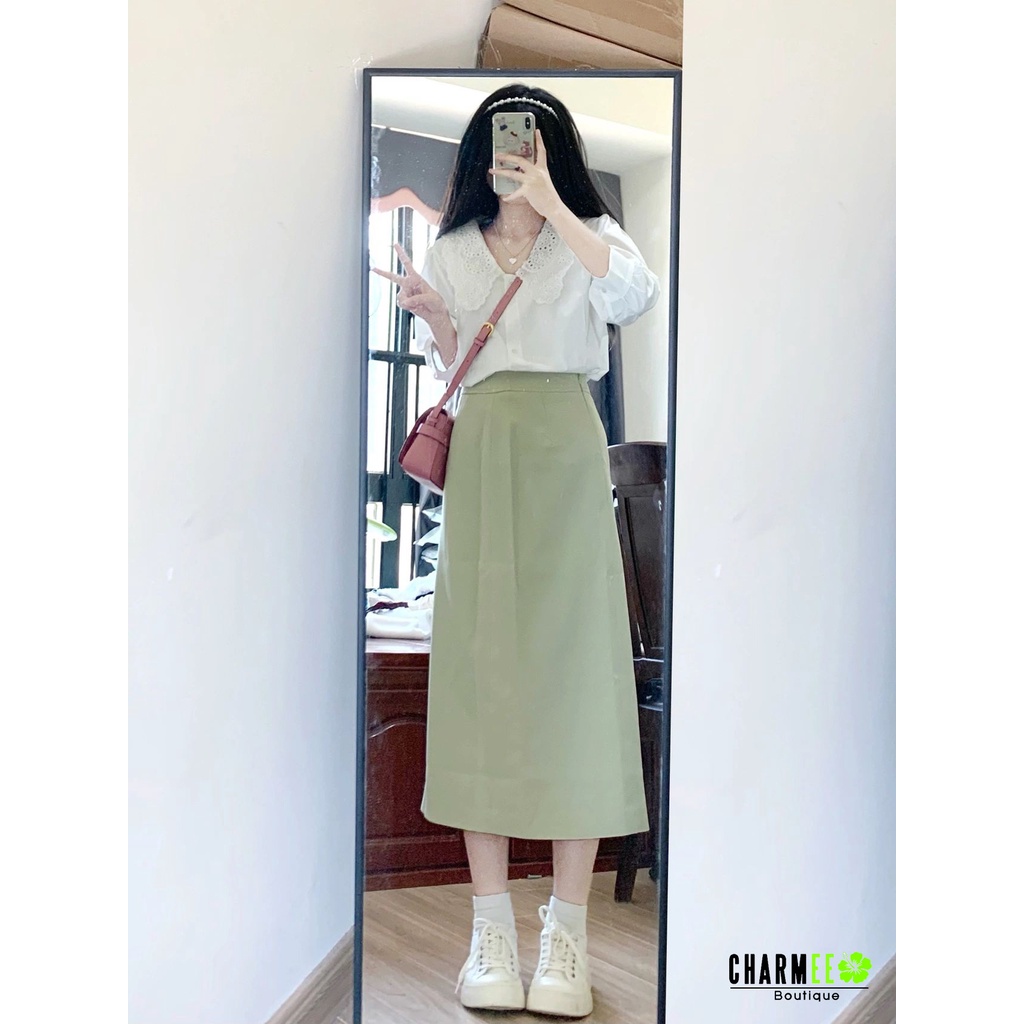 Set Áo Voan Cổ Ren Trắng + Chần váy Dài Kaki Xanh