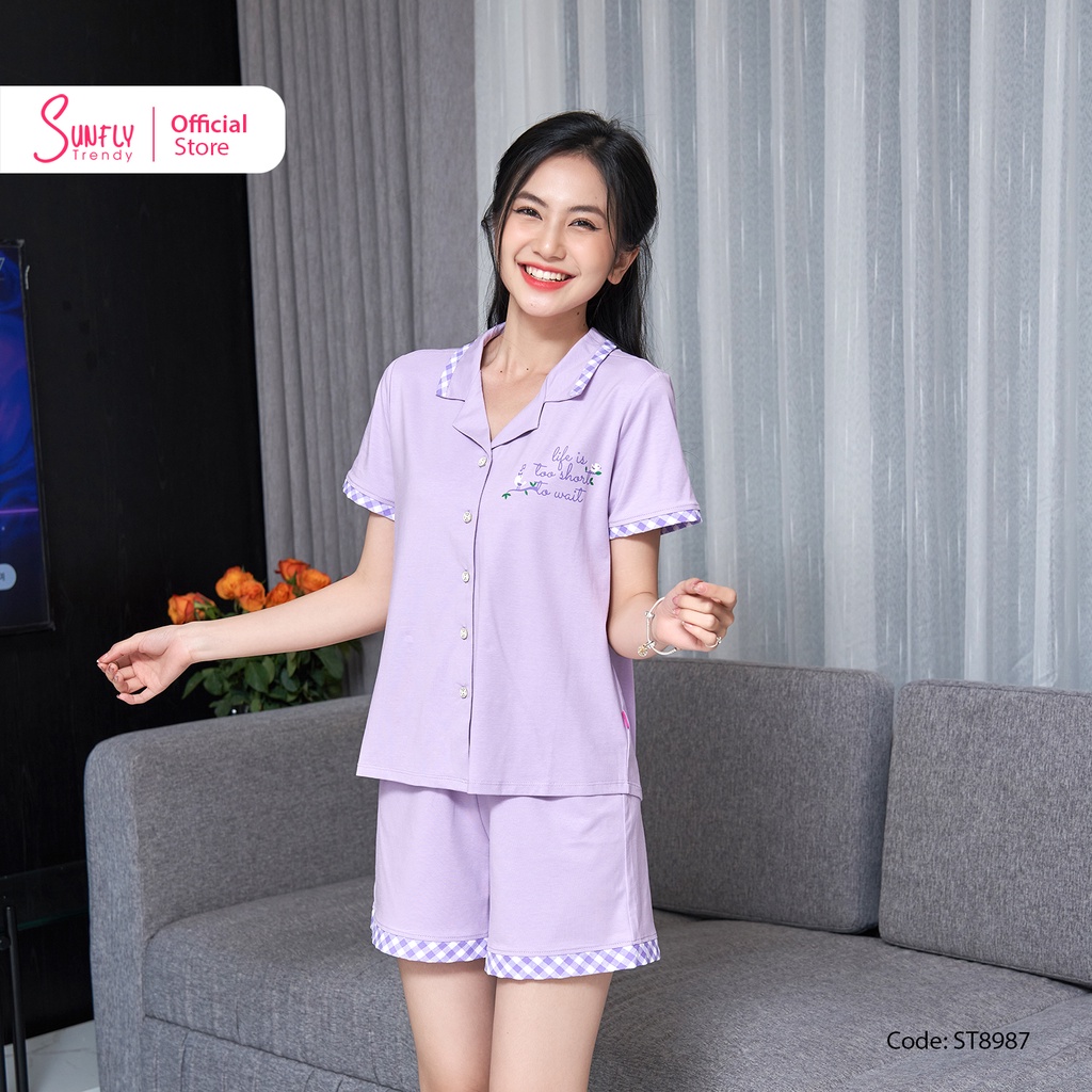 Bộ Đồ Mặc Nhà Nữ Pyjamas Cotton SUNFLY Áo Cộc Quần Sooc ST8987