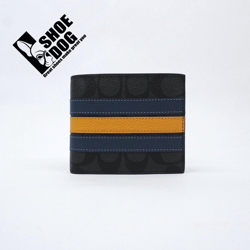 Bóp ví ngắn hàng hiệu nam nữ Coach gập đôi có tặng kèm card holder mono đen sọc xanh navy x vàng
