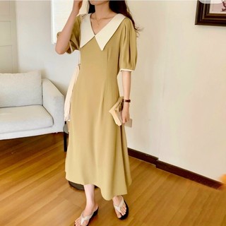Đầm kem cổ trắng form dài thắt eo