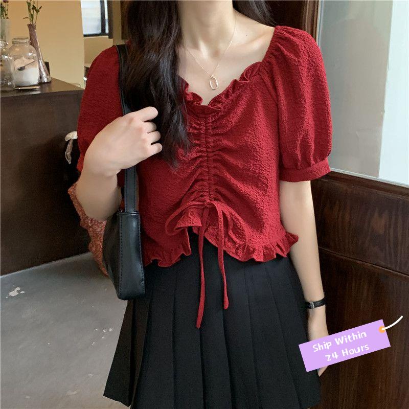 C Ch ch Áo Sơ Mi Tay Ngắn Phồng Xếp Ly Cổ Chữ v Đính Ngọc Trai Retro Pháp Thời Trang Mùa Hè Cho Nữ