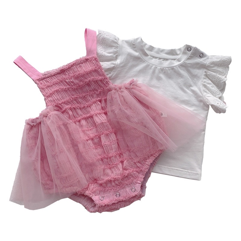 Set áo trắng tay ren kèm váy body hồng cho bé diện đầy tháng, đi chơi, đi tiệc, thôi nôi