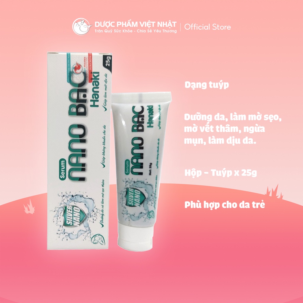 Serum Nano Bạc Hanaki giúp kháng khuẩn, làm dịu da, dưỡng da và làm mờ sẹo thâm. Dạng tuýp
