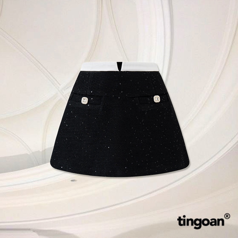 TINGOAN®  - Chân váy tweed đen cạp lửng xẻ V cạp SUPER STAR TWEED SKIRT/BL