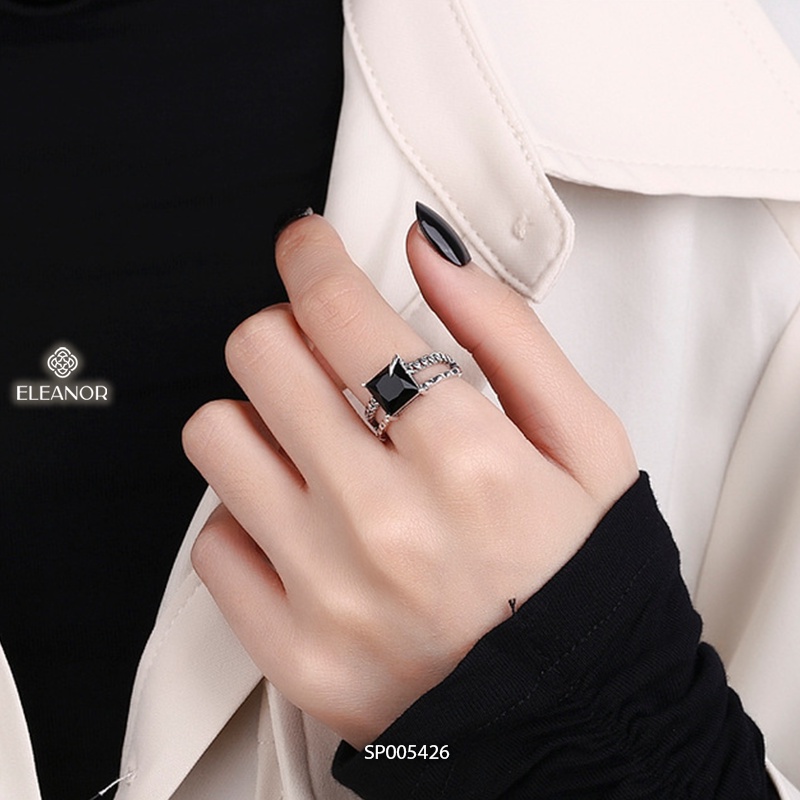 Nhẫn nữ hở bạc 925 Eleanor Accessories viền đan xoắn đính đá vuông phụ kiện trang sức 5426