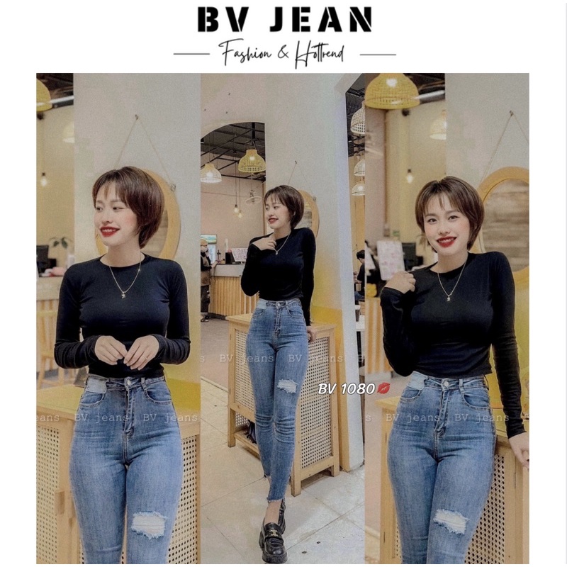 Quần Jean Ôm Cạp Lưng Cao Nữ Cắt Gấu BV JEAN Quần Jean Ôm Nữ