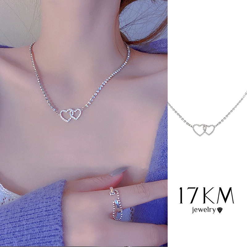 Vòng cổ choker 17KM mạ bạc mặt hình trái tim đính đá zircon thời trang thanh lịch đơn giản dành cho nữ
