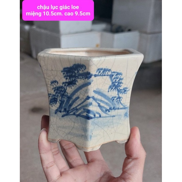 chậu ống lục giác men rạn hoa văn vẽ tay trồng cây bonsai mini trồng sen đá