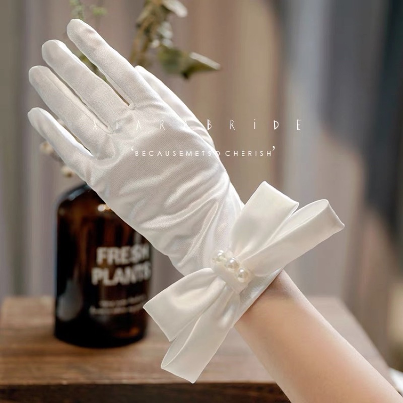 Găng tay thun satin nơ kép đính ngọc bao tay cô dâu