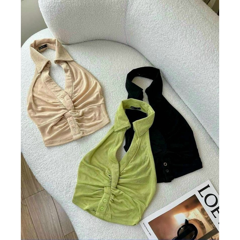 Áo nhũ cổ bẻ hở lưng xoắn trước đính nút kiểu dáng croptop cực sexy , chất thun nhũ mềm mịn mát