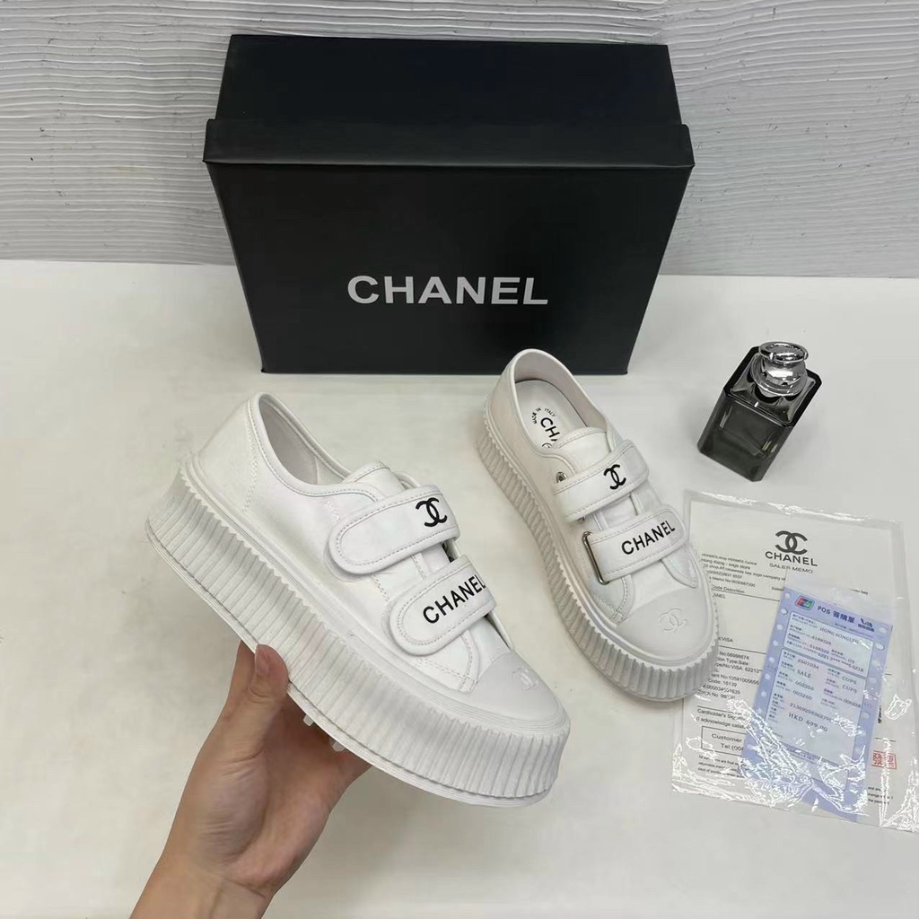 Giày thể thao nữ quai dán màu trắng chữ logo C C Nguyên hộp hãng cao cấp