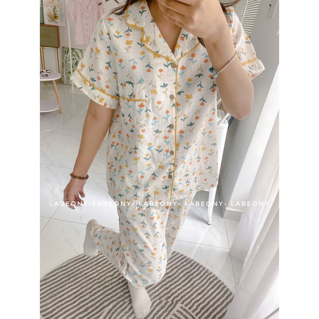 Pyjama nữ xô organic cotton đồ mặc nhà đồ bộ trái tim hoa nhí mềm mát Labeony