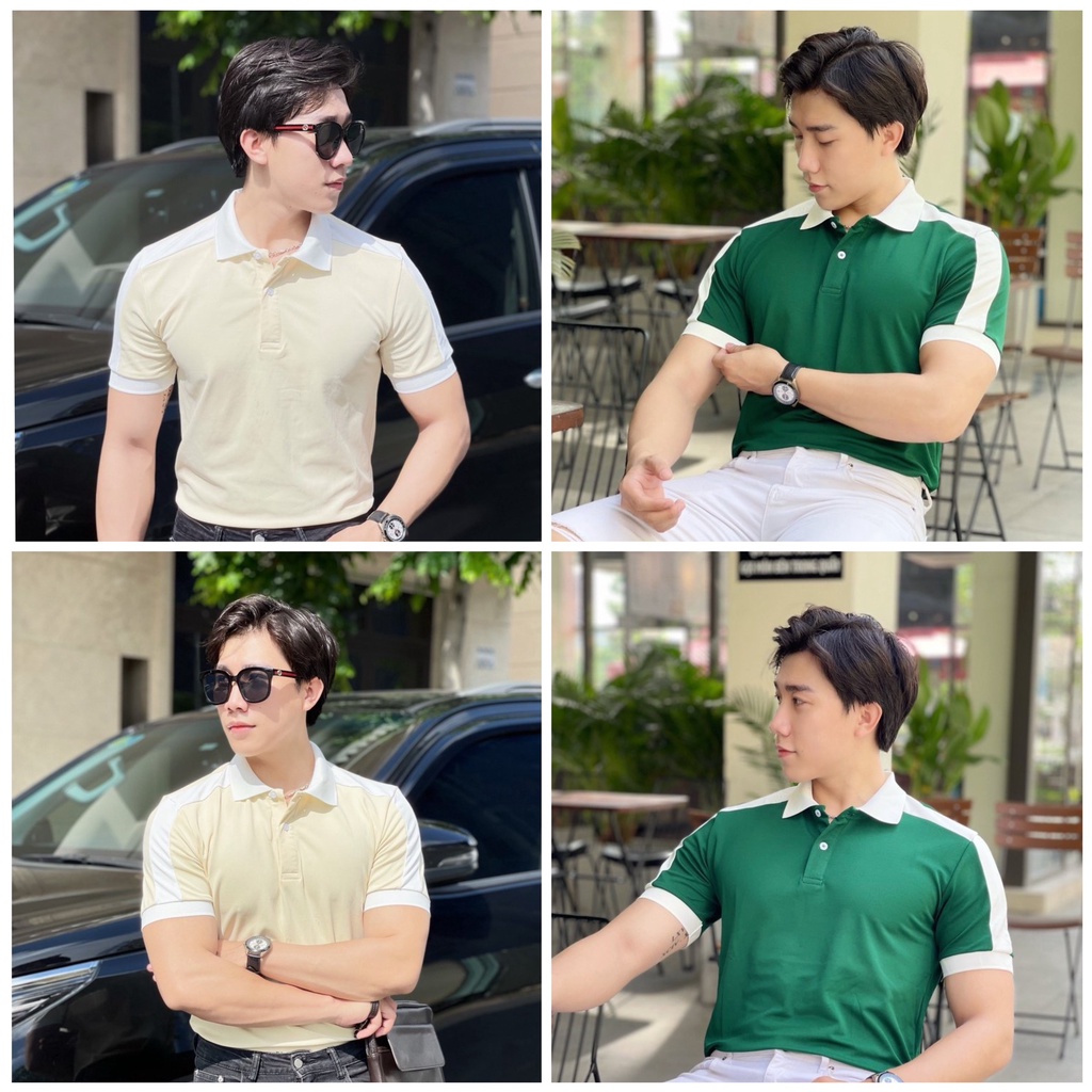 Áo thun nam polo cao cấp tay ngắn, áo trơn phối bo viền tay cổ, phối dây trắng vai, chất da cá sấu thời trang lịch lãm