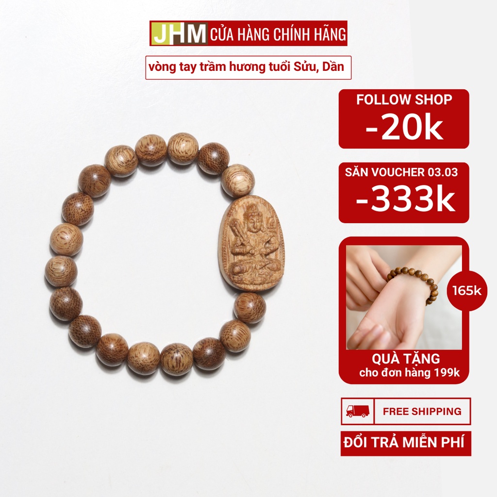 Vòng tay trầm hương tốc dành cho nữ tuổi Sửu, Dần 8mm JHM phối mặt bản mệnh Hư Không Tạng Bồ Tát
