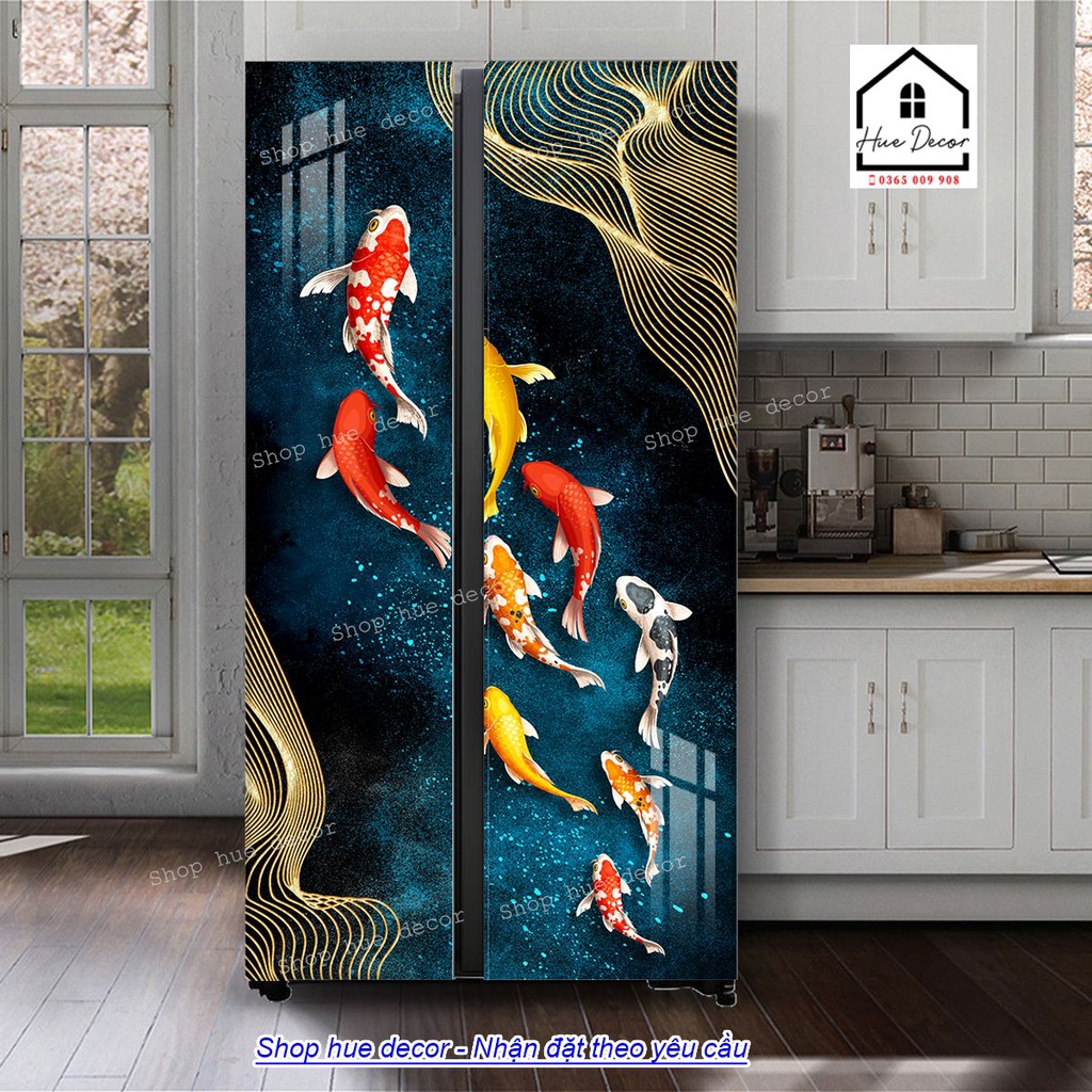 Decal dán tủ lạnh 2 cánh, 4 cánh side by side cá Koi chống nước siêu bền, chất lượng, giá tốt