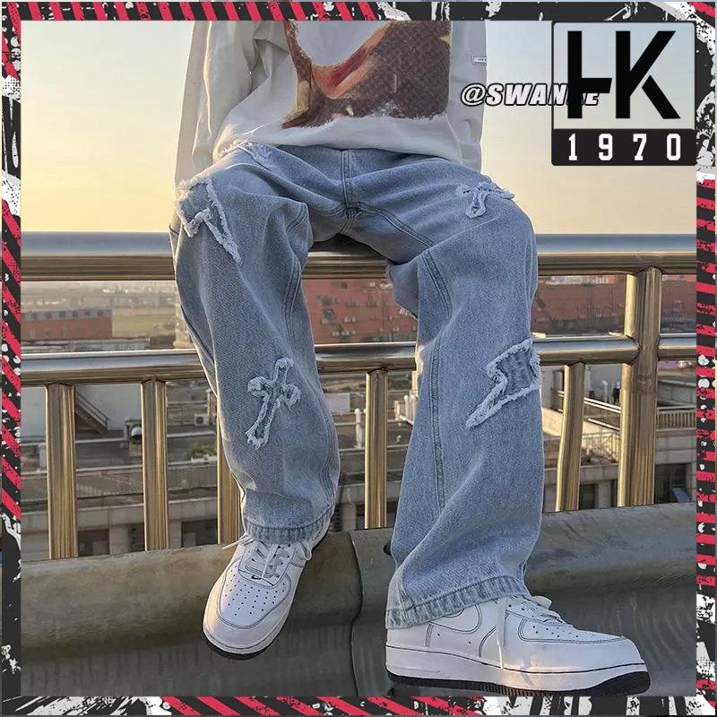 Quần jean nam baggy ống rộng quần bò nam thêu chữ thập phong cách hiphop Q007