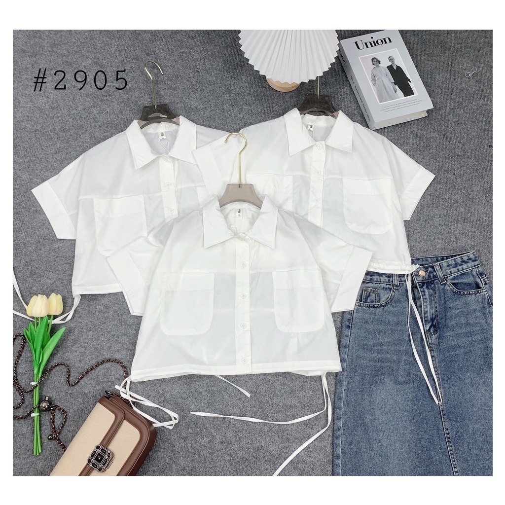 Áo sơ mi croptop chun eo thắt nơ 2 bên siêu xinh