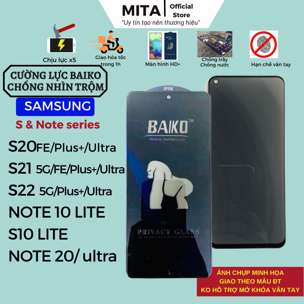 Cường lực BAIKO Chống Nhìn Trộm Samsung S20 S21 S22 5G FE Plus/+ Note 10 Lite S10 Lite Note 20 Full màn chống xước