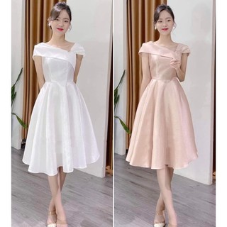 Đầm dáng xòe, đầm dự tiệc thiết kế lệch vai sang trọng chất TAPTA nhũ cao cấp