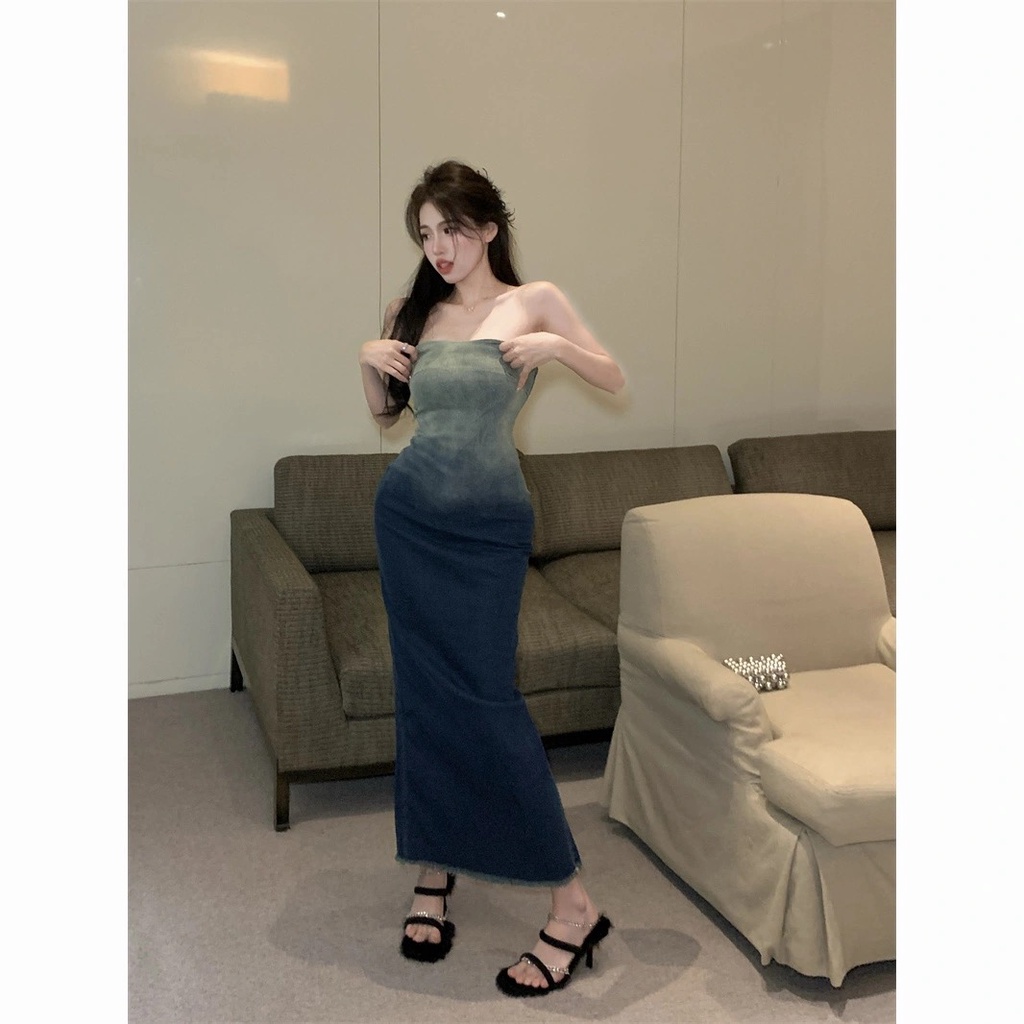 UV002 Váy bò màu loang ôm body đuôi cá dài siêu xinh hot Sẵn IB Giảm 30K