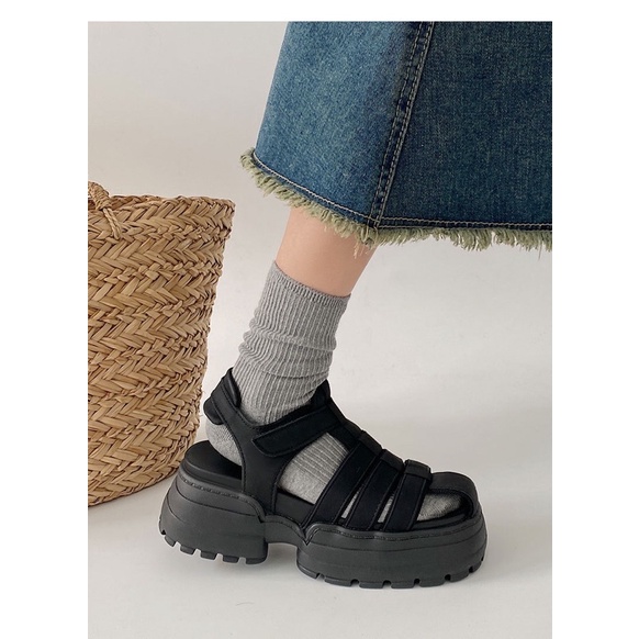 Giày sandal mũi rọ nữ phong cách la mã đế cao 6cm chất liệu vải đế cao su phong cách cá tính ulzzang