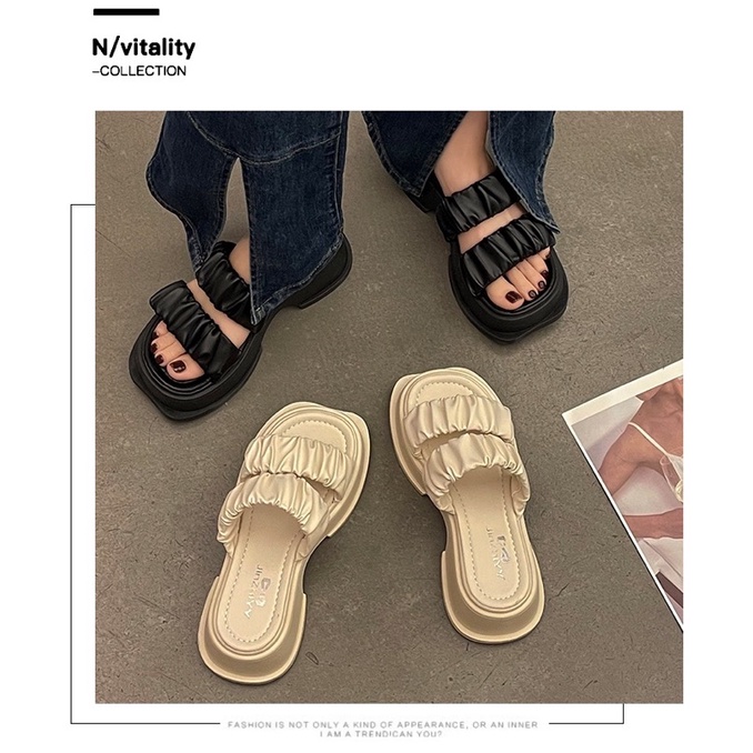 Dép nữ quai nhăn ulzzang đế cao 5cm mũi vuông