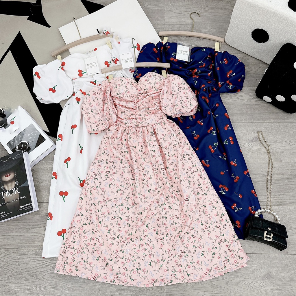 Đầm Maxi Hoa Nhí Trễ Vai Tay Phồng Có Mút, Váy Trễ Vai Hoa Nhí Dáng Dài