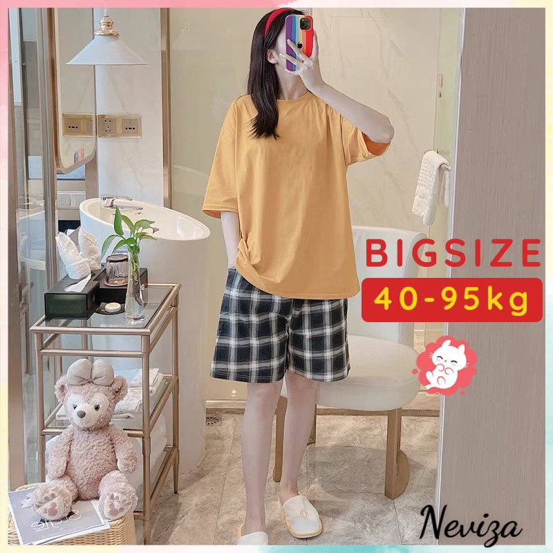 Đồ đồ nữ nhà có Bigsize đồ bộ nữ mùa hè kẻ caro cotton rộng rãi thoải mái  40-95kg   BC23