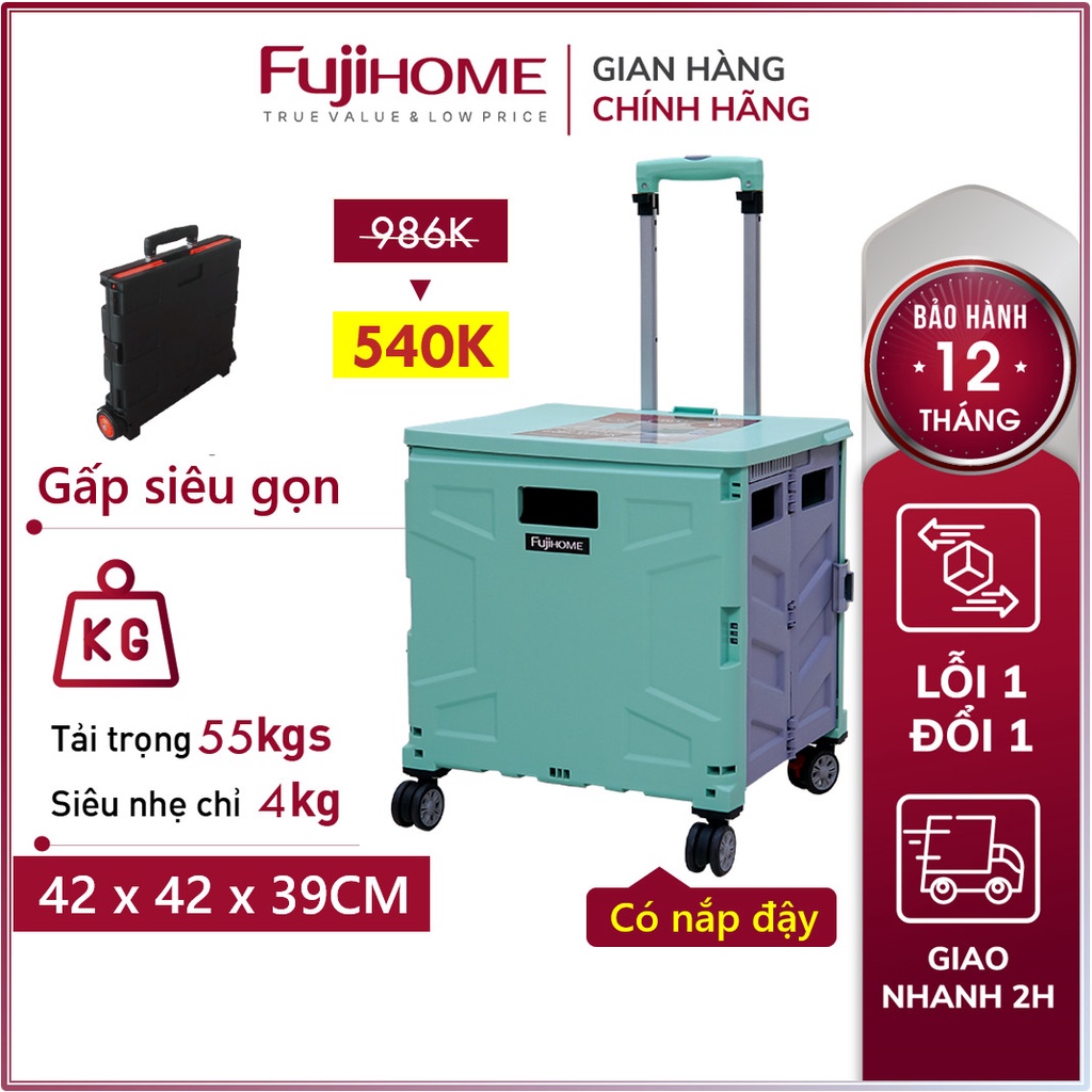 Xe đẩy hàng 4 bánh 65L gấp gọn Fujihome Nhập Khẩu Nhật Bản, xe kéo hàng xếp gọn đi chợ đa năng ô tô siêu thị trolley