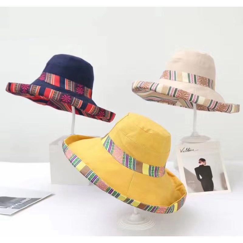 NÓN MŨ VẢI VÀNH RỘNG 2 MẶT KAKI KIỂU THỔ CẨM