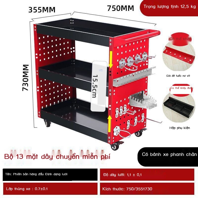 Ba tầng công cụ xe ô tô sửa chữa bảo dưỡng đẩy tủ đa chức năng phần cứng di động kệ lớp