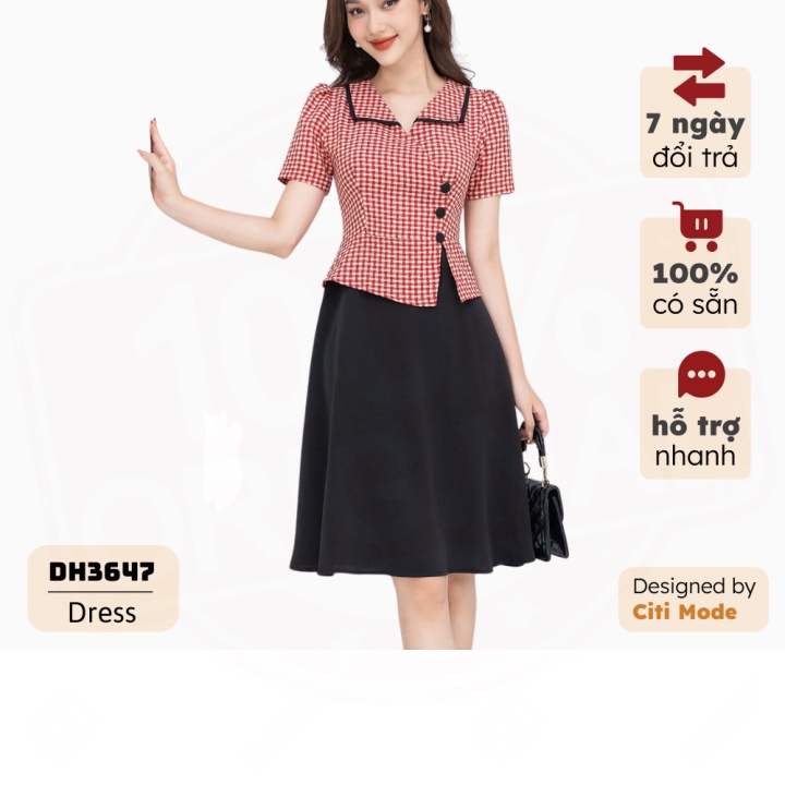 (2HAND) Đầm công sở CITI MODE dáng peplum xòe thiết kế cổ V bẻ ve áo caro vạt chéo 3 cúc DH3647