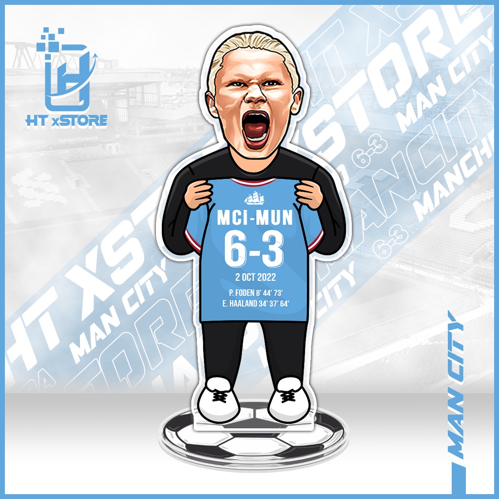 Mô hình standee in hình cầu thủ Erling Haaland CLB Manchester City cầm áo bóng đá tỷ số 6-3, mô hình cầu thủ để bàn