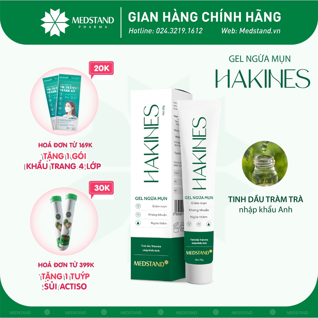 Gel bôi giảm mụn và ngăn ngừa mụn, kháng khuẩn, làm mờ vết thâm MEDSTAND Gel bôi ngừa mụn Hakines (tuyp 20g)