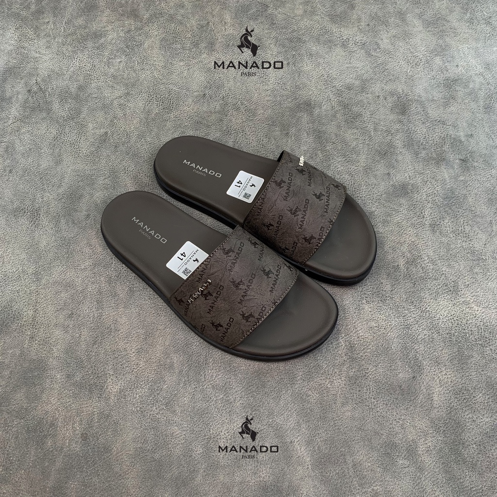 Dép da nam quai ngang cao cấp Manado Mã MND18 màu xám fullbox, quai da mềm mại, đế cao su thiết kế chắc chắn