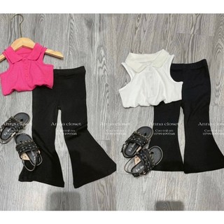 Set áo polo phối quần loe cho bé gái