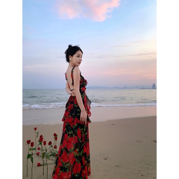 Đầm maxi hoa đi biển phong cách sexy thời trang nữ herse H8