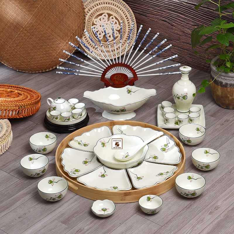 Bộ Bát Đĩa Hoa Mặt Trời men kem chỉ xanh hoa văn đài sen,Bộ bát đĩa cúng tết Gốm Bát Tràng, nhiều mẫu mã set 7-32 món