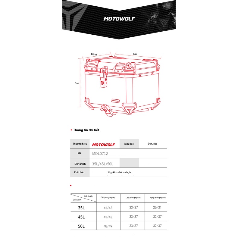 Thùng nhôm 35L 45L 50L MOTOWOLF chính hãng - Top box motocycle