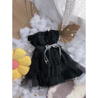 ĐẦM ỐNG LƯỚI ĐEN TẦNG ĐÍNH NƠ EO