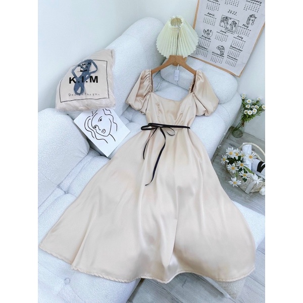 Đầm xoè dự tiệc màu nude kèm dây nơ đen